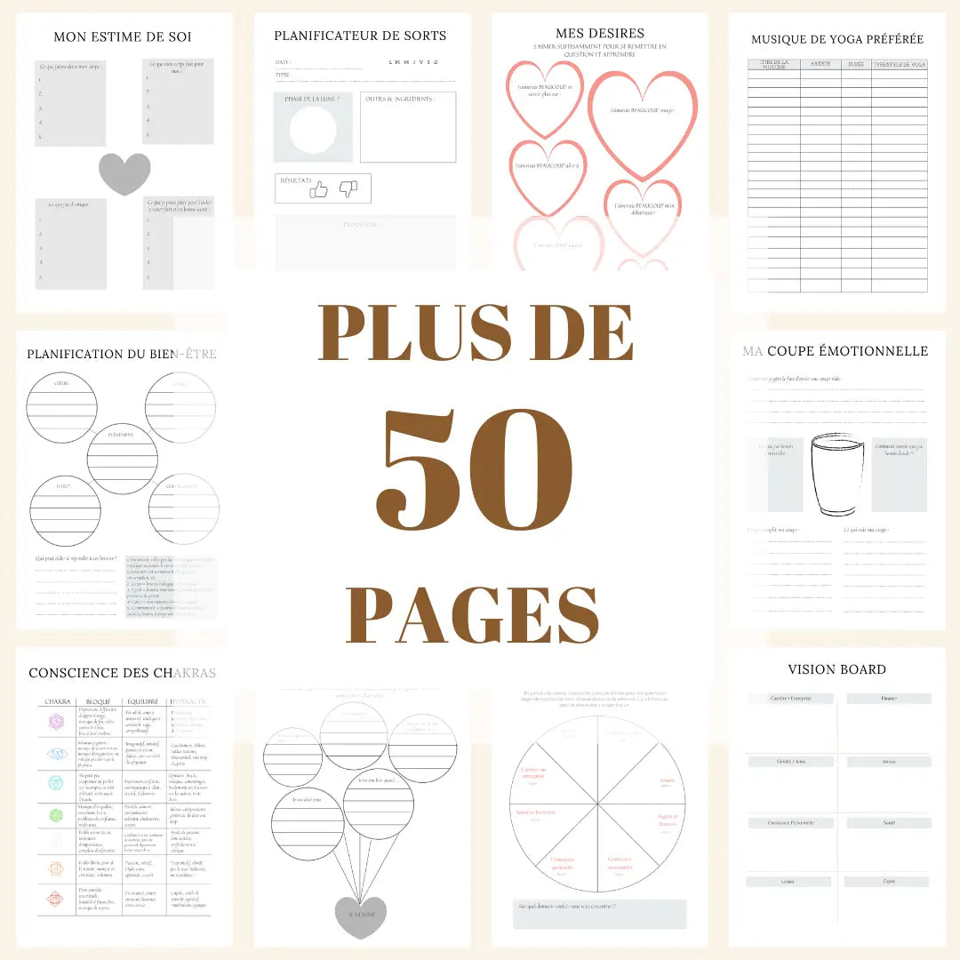 Planner de spiritualité imprimable avec pages de réflexion, intentions et développement personnel pour le bien-être.