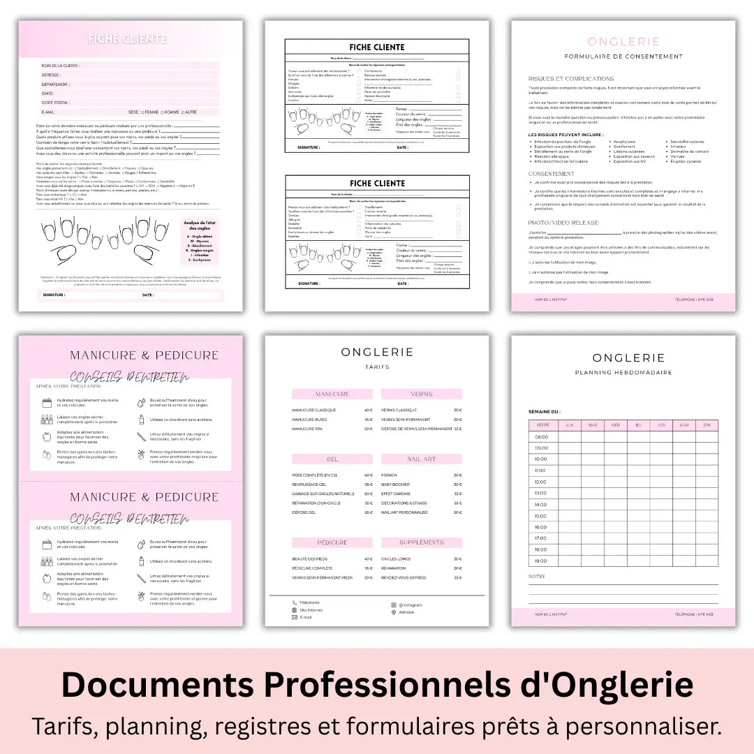 Cartes des tarifs professionnelles pour salon d'onglerie entièrement modifiables sur Canva