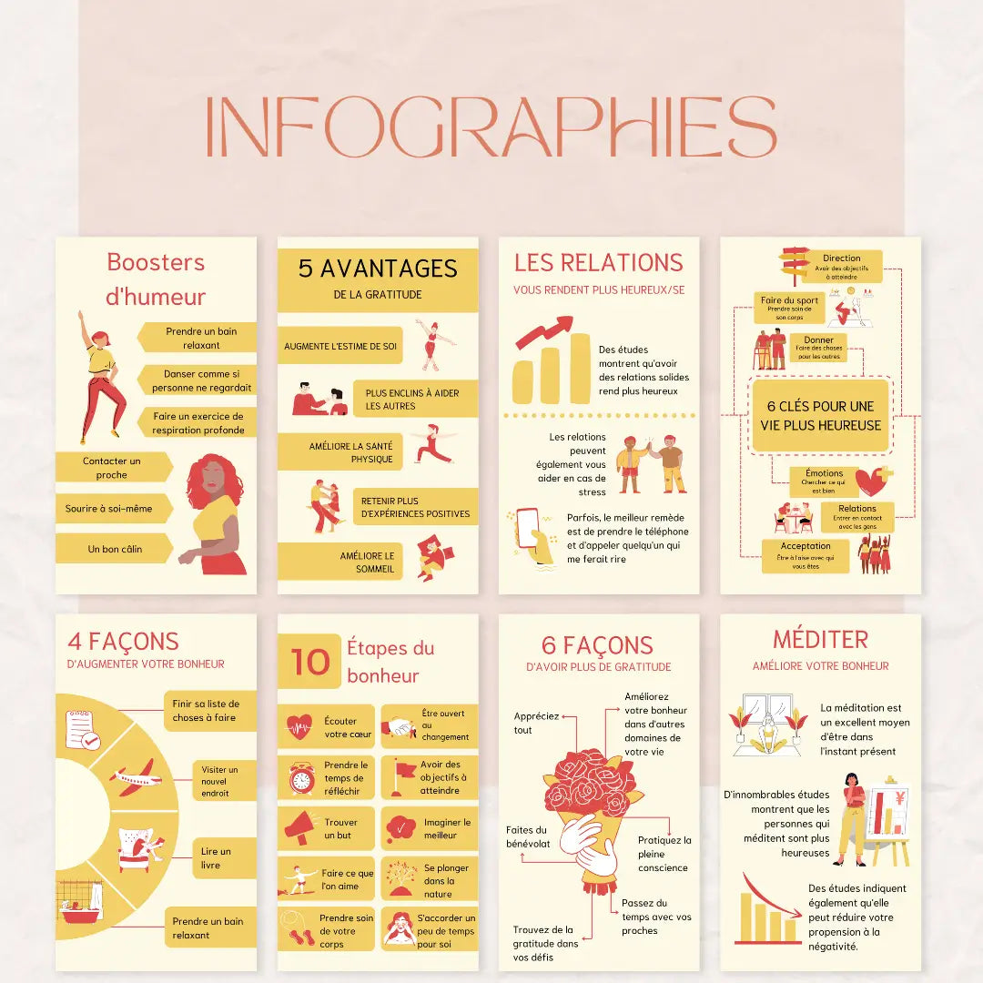 Infographies doux et lumineux – gratitude, joie et bienveillance en images