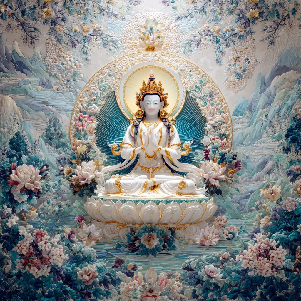 Le mantra Om Tare Tuttare Ture Mama Ayuh Punya Jnana Pustim Kuru Soha est l’invocation principale de Tara Blanche - associée à la longévité, la guérison, la sagesse et la protection contre les dangers.