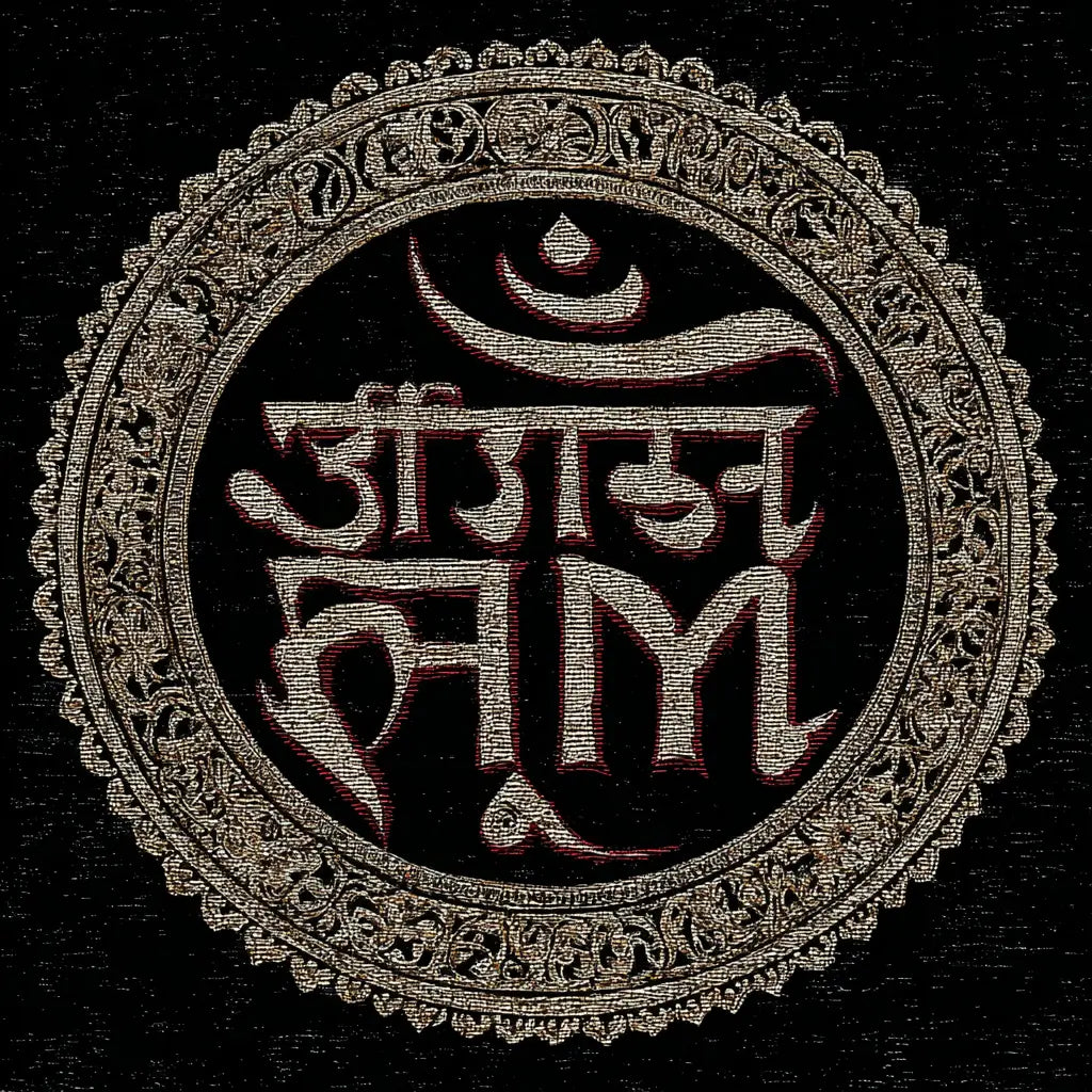 Illustration du mantra Om Aim Hrim Shrim Klim Krim Dum Gam le mantra des bija syllabes sacrées