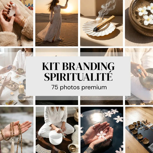 Kit Branding Spiritualité avec 75 photos premium pour Instagram, Canva et les marques bien-être.
