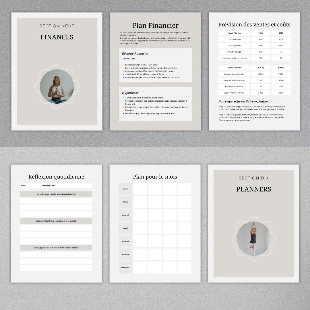 Exemple d’utilisation du Workbook Business Yoga sur tablette, destiné aux professeures de yoga souhaitant organiser leur activité et améliorer leur rentabilité.