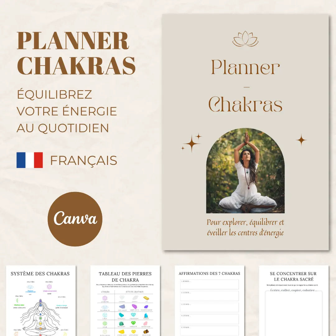 Planner Chakras personnalisable dans Canva pour suivre l'équilibre des 7 chakras et développer une routine de bien-être.