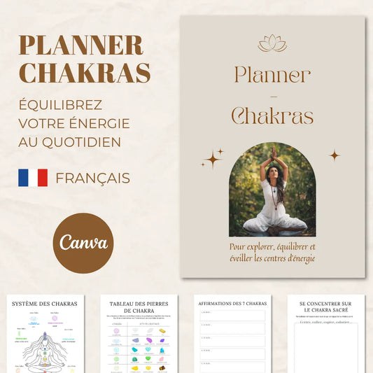 Planner Chakras personnalisable dans Canva pour suivre l'équilibre des 7 chakras et développer une routine de bien-être.