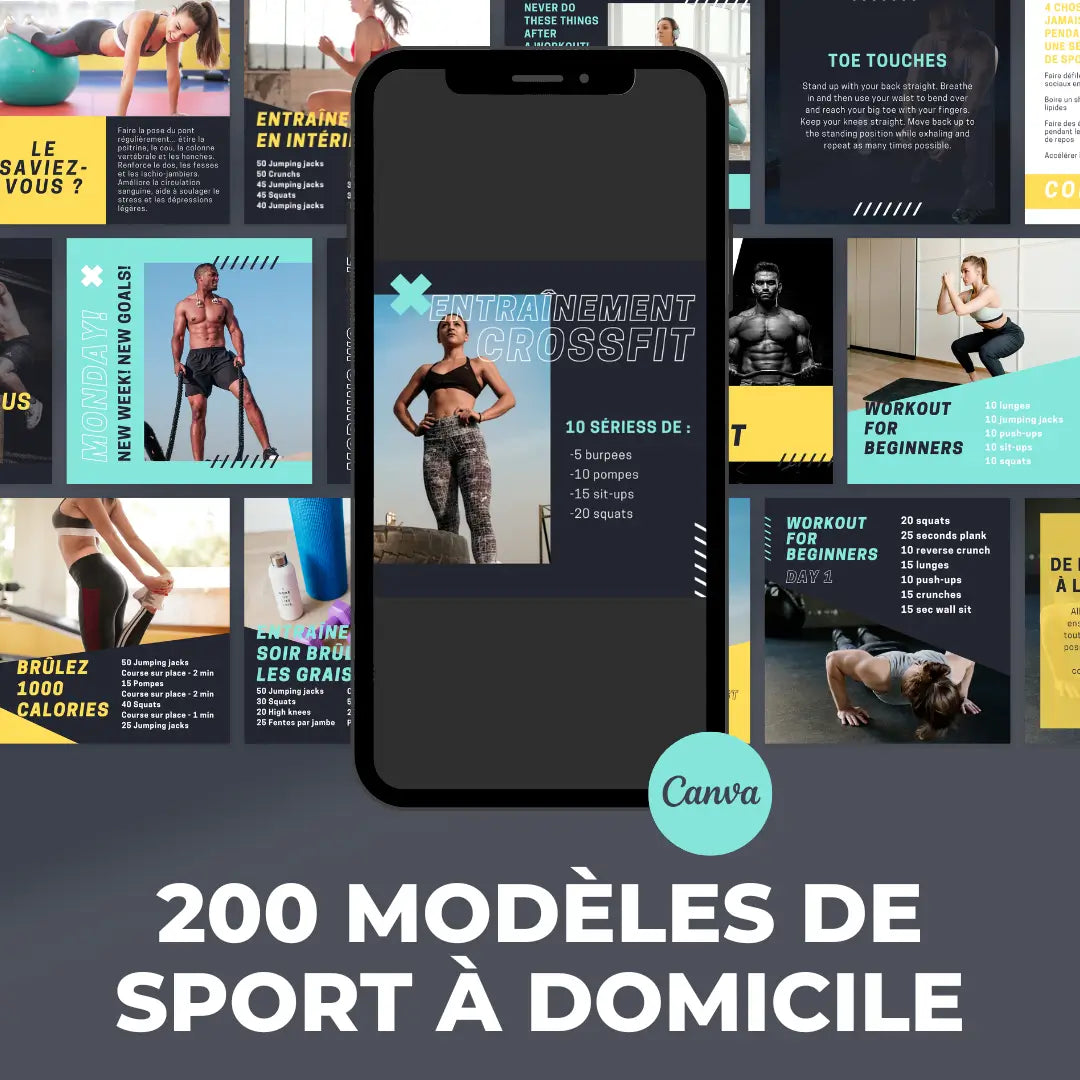 200 modèles sport à domicile en français – templates Canva pour réseaux sociaux

