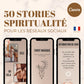 Pack de 50 templates Canva pour stories Instagram sur le thème de la spiritualité, de la manifestation et du bien-être.