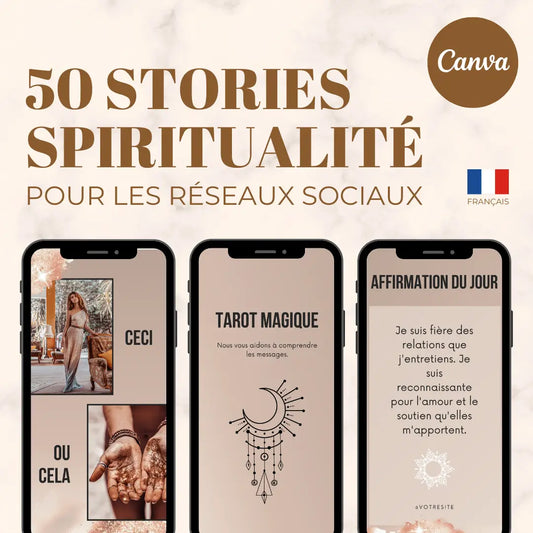 Pack de 50 templates Canva pour stories Instagram sur le thème de la spiritualité, de la manifestation et du bien-être.