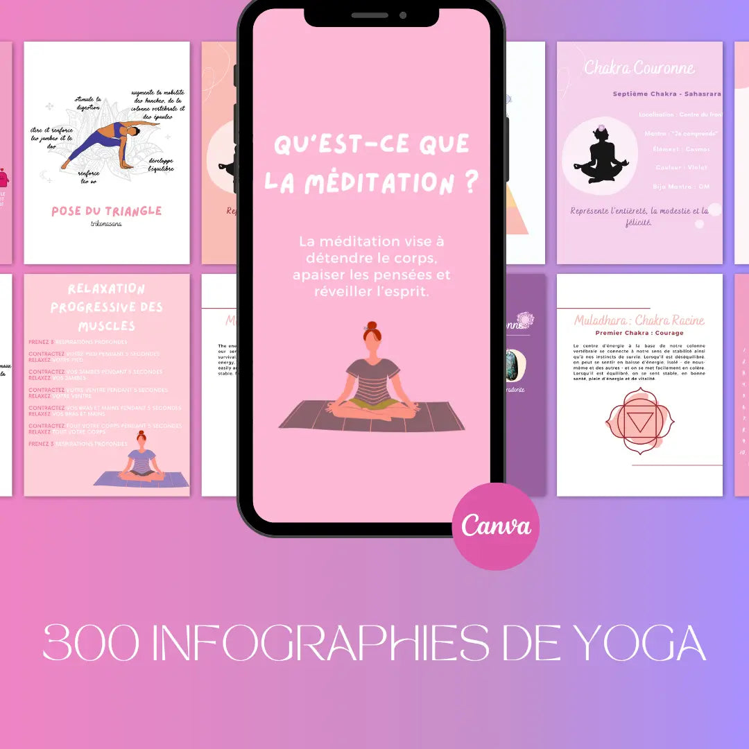 300 infographies yoga en français – templates Canva pour réseaux sociaux