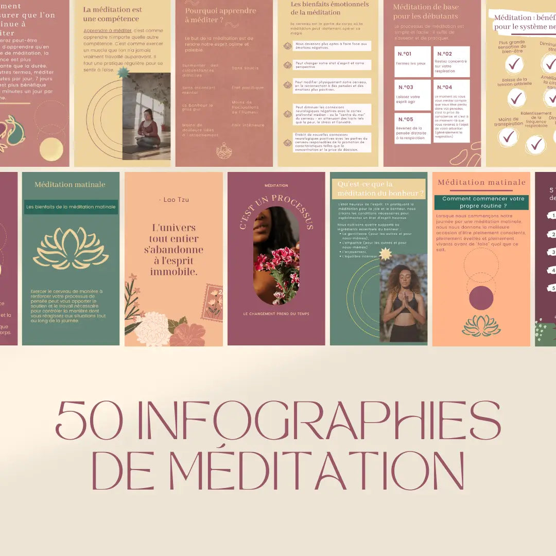 50 infographies méditation en français – templates Canva pour réseaux sociaux (Facebook et Instagram)