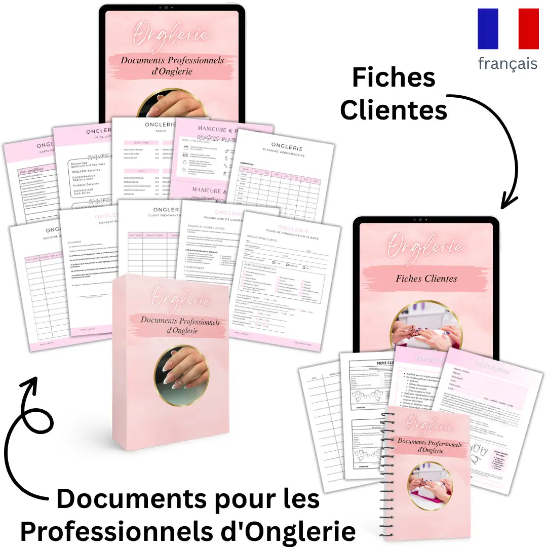 Documents Professionnels d'Onglerie Canva avec fiches clientes, formulaire de consentement, planning et registres à imprimer
