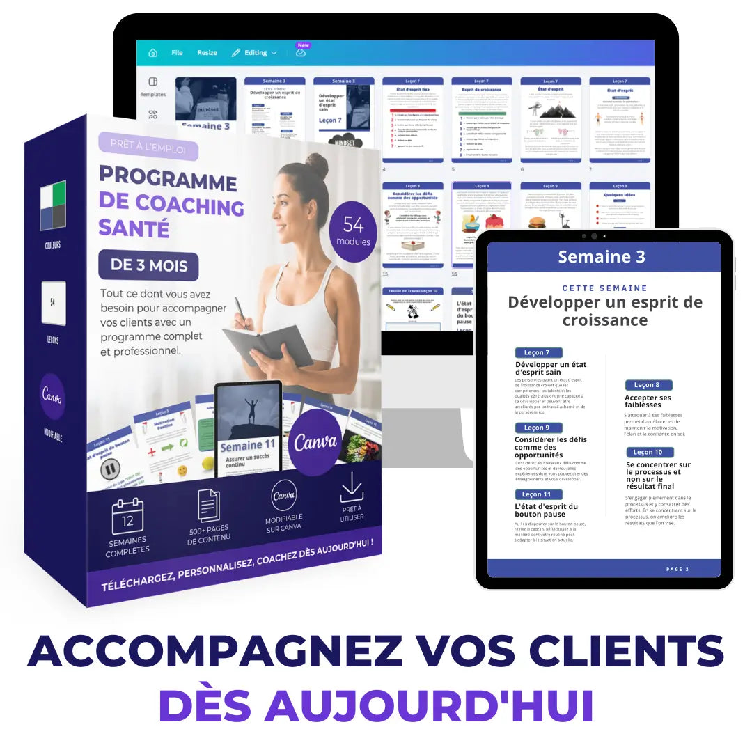 Programme de coaching santé de 3 mois en français – pack prêt à utiliser dans Canva