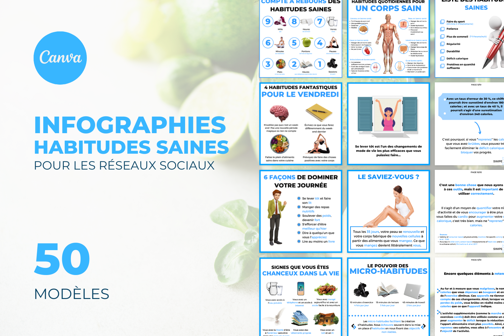 50 infographies habitudes saines – templates Canva en français
