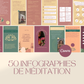 50 infographies méditation en français – templates Canva pour réseaux sociaux (Facebook et Instagram)
