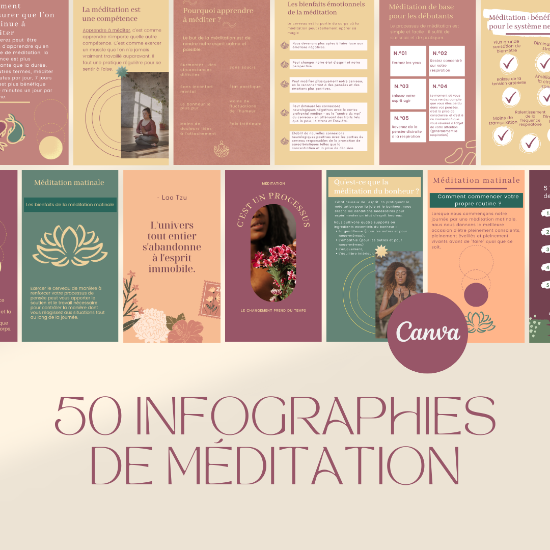 50 infographies méditation en français – templates Canva pour réseaux sociaux (Facebook et Instagram)