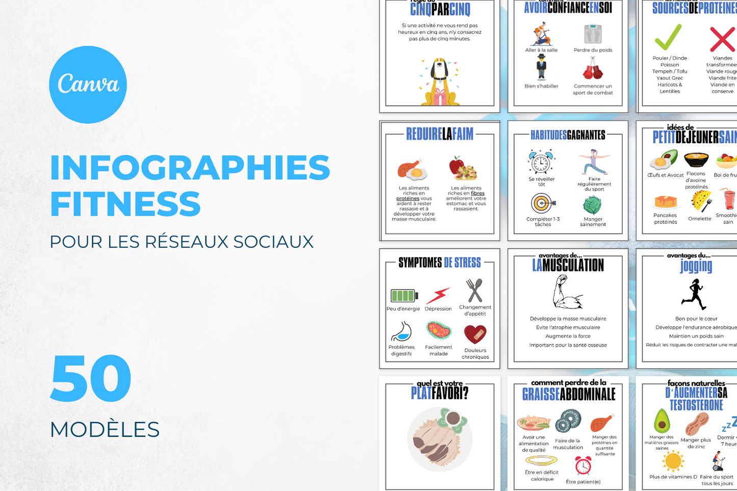 50 infographies fitness en français – templates Canva pour réseaux sociaux
