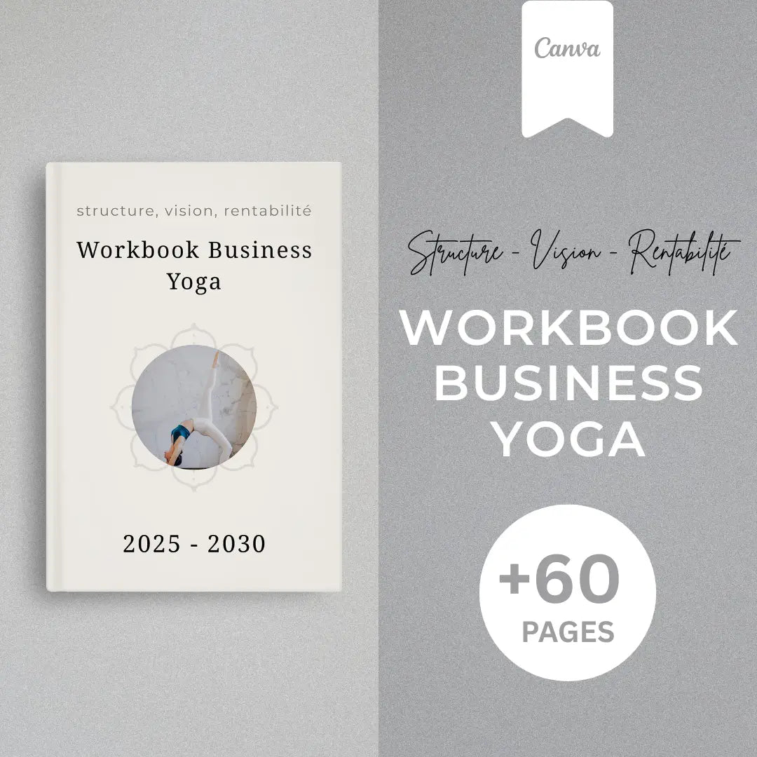 Workbook Business Yoga sur fond beige minimaliste, parfait pour planifier la stratégie, la tarification et la communication d’un studio de yoga moderne.