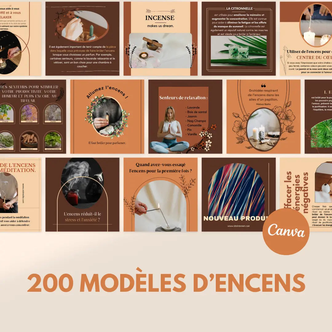 200 modèles encens en français – templates Canva pour réseaux sociaux