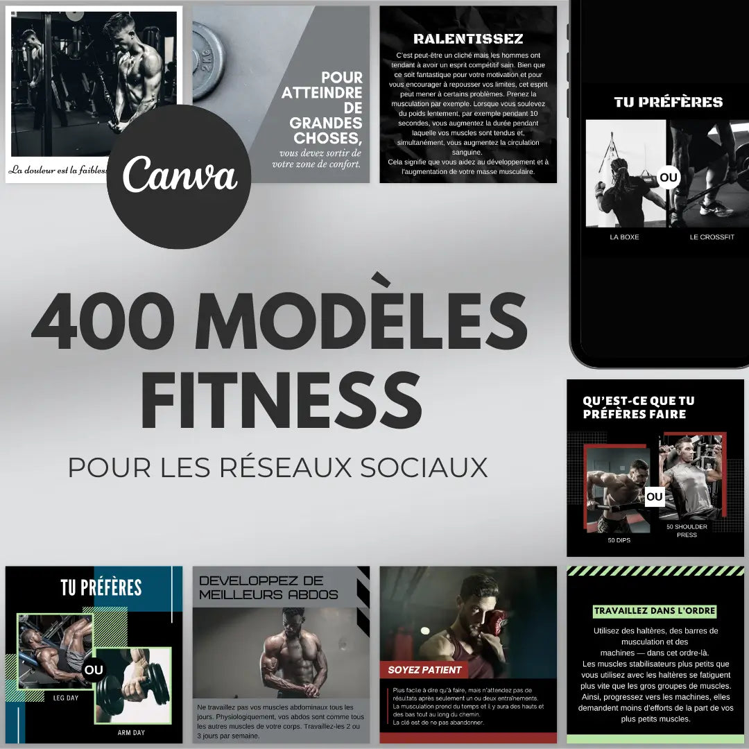 400 modèles fitness masculins en français – templates Canva pour réseaux sociaux
