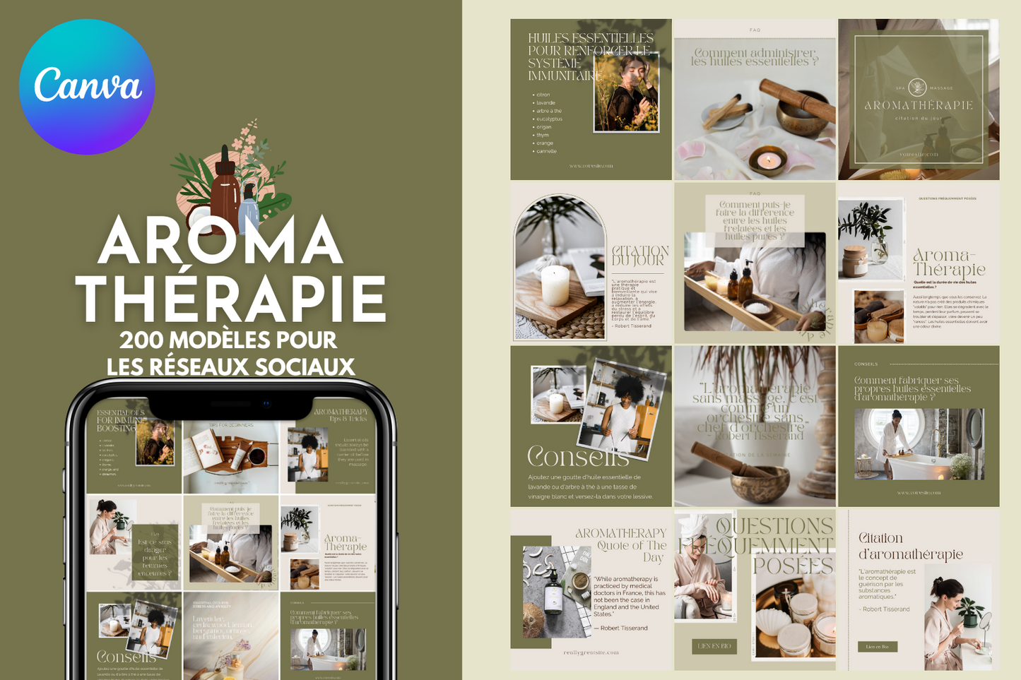 200 modèles aromathérapie en français – templates Canva pour réseaux sociaux