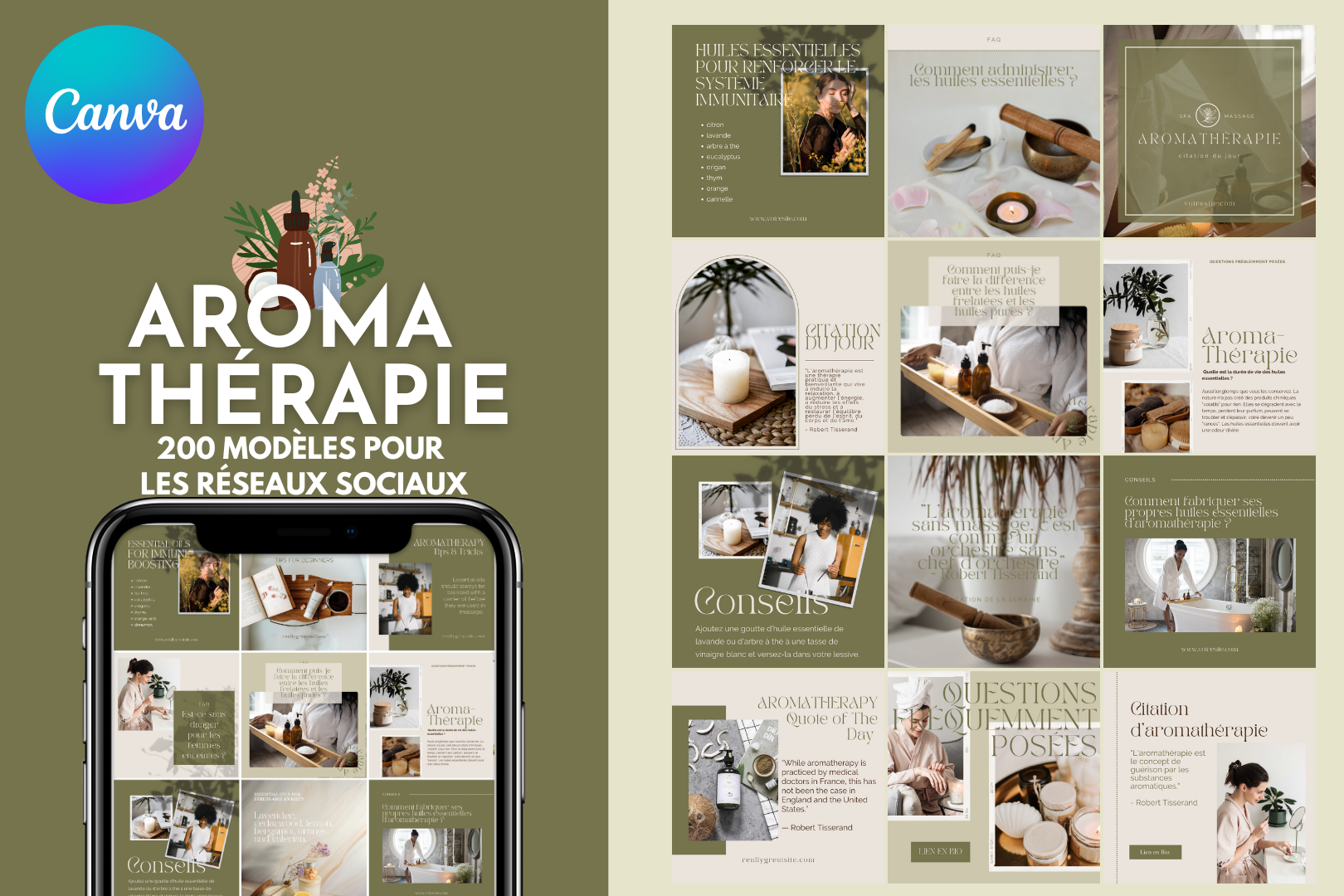 200 modèles aromathérapie en français – templates Canva pour réseaux sociaux