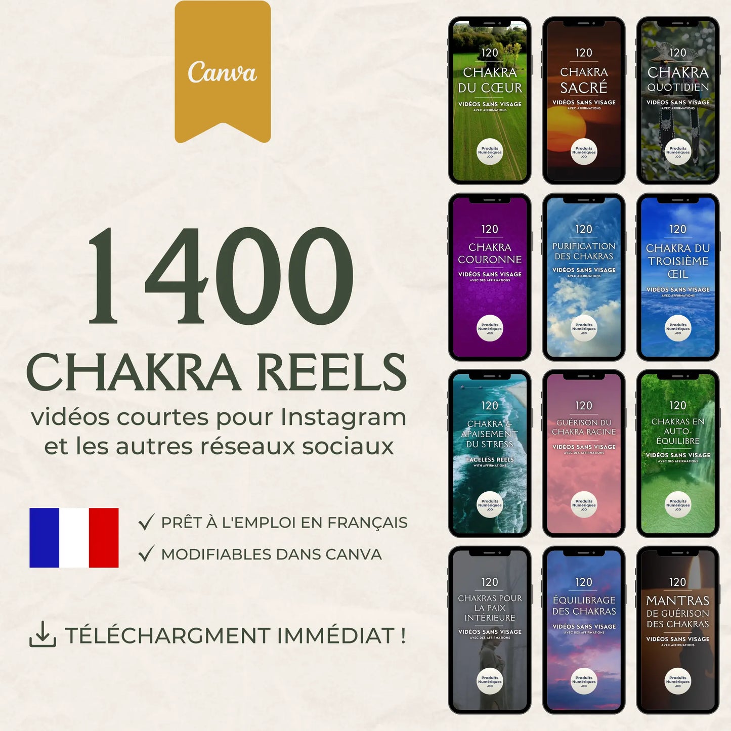 Pack de plus de 1400 chakra reels en français pour Instagram et TikTok. Vidéos prêtes à l’emploi, sans visage, modifiables dans Canva. Idéal pour les professionnels du bien-être et du yoga.