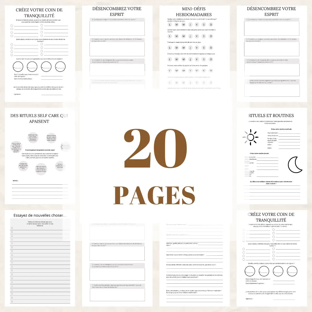 Planner bien-être imprimable avec pages de journaling, pleine conscience et gestion du stress.