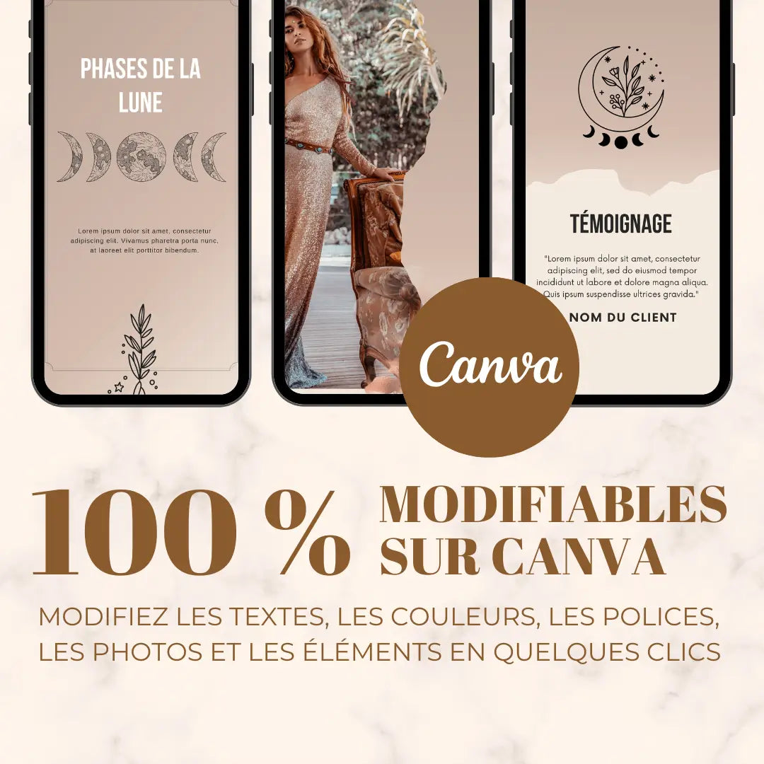 Templates Instagram spirituels entièrement modifiables sur Canva pour coachs, thérapeutes, professeurs de yoga et créateurs de contenu.