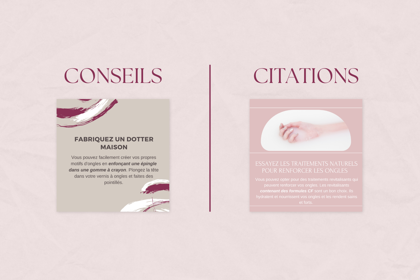 Contenu visuel manucure – citations, conseils et posts promotionnels
