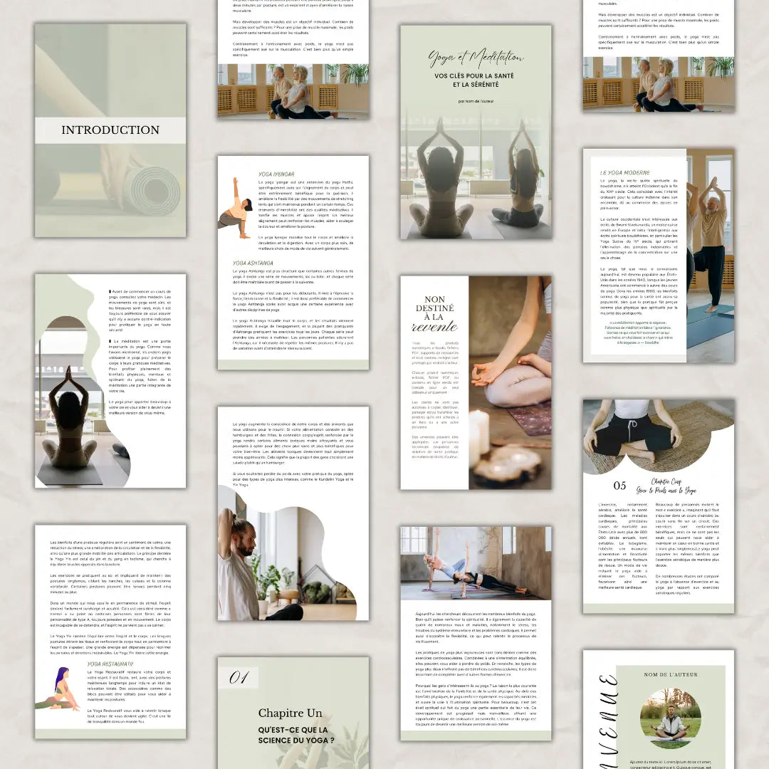 Modèle eBook Yoga et Méditation Canva à personnaliser, idéal pour créer des ressources professionnelles pour vos élèves et clients