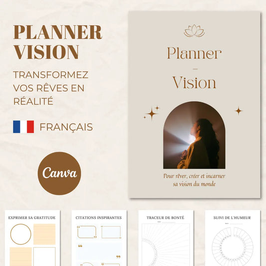 Planner Vision personnalisable dans Canva pour créer un vision board, définir ses objectifs et organiser ses projets.