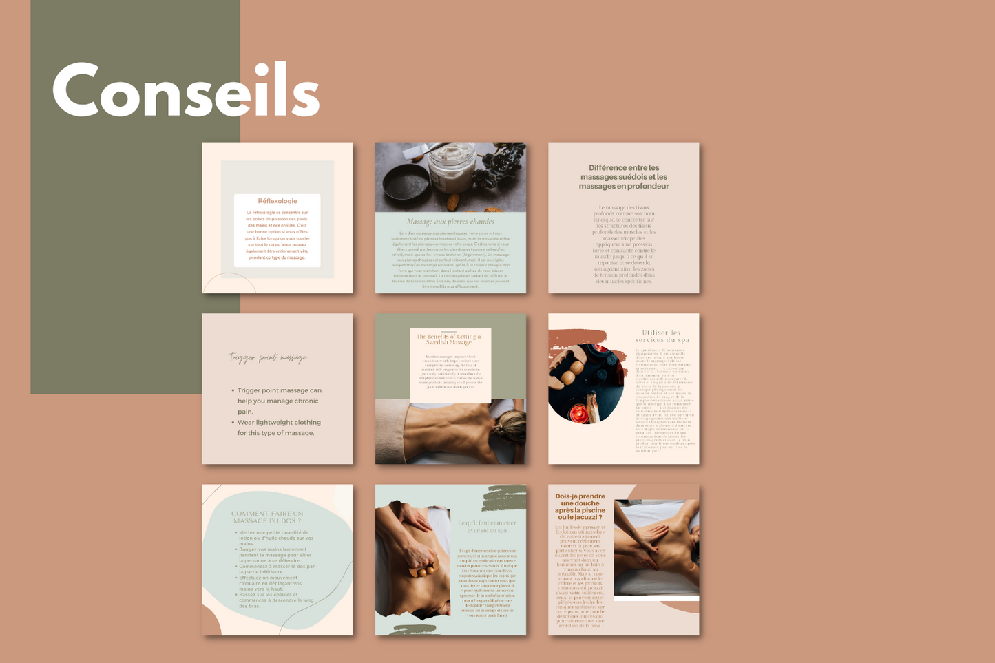 Visuels bien-être et massage – citations, astuces et contenus promotionnels