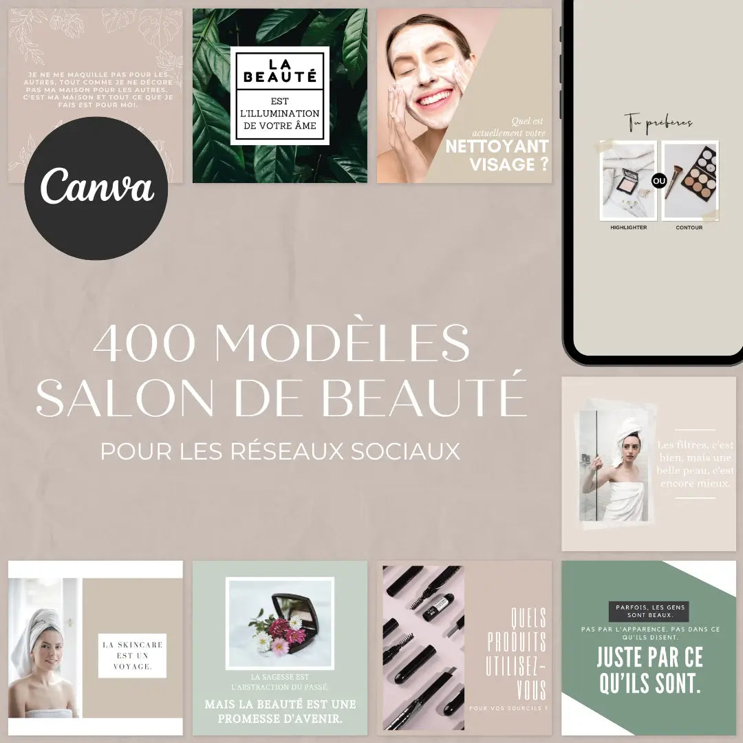 400 modèles Canva pour salon de beauté en français, parfaits pour Instagram et Facebook