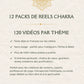 Aperçu complet des 12 packs de vidéos chakra. Chaque thème contient 120 vidéos verticales en français, prêtes à publier sur les réseaux sociaux. Plus de 1400 vidéos spirituelles.