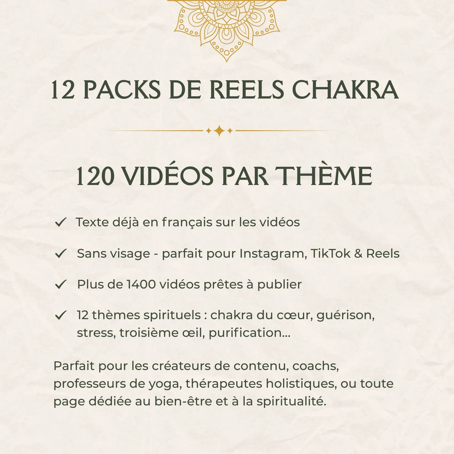 Aperçu complet des 12 packs de vidéos chakra. Chaque thème contient 120 vidéos verticales en français, prêtes à publier sur les réseaux sociaux. Plus de 1400 vidéos spirituelles.