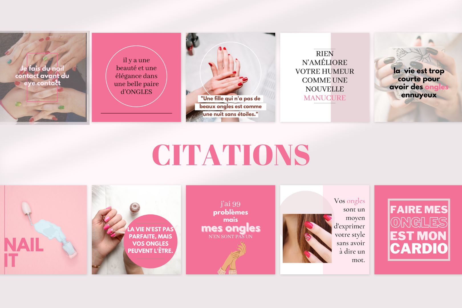 Templates Canva pour stylistes ongulaires – citations, conseils et promos