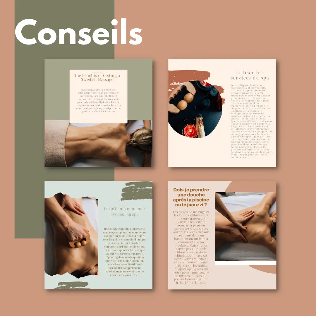 Visuels bien-être et massage – citations, astuces et contenus promotionnels