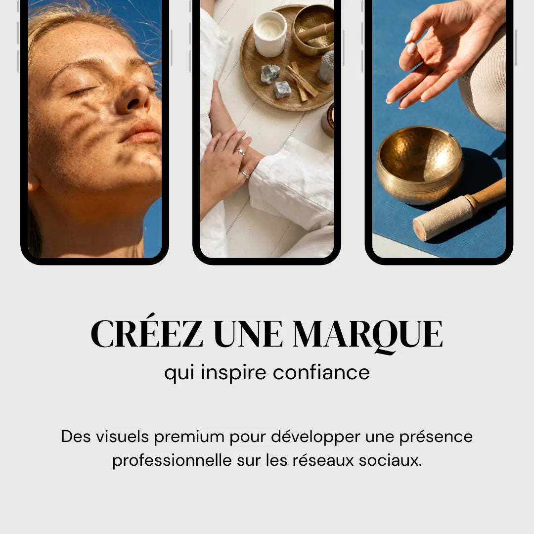 Photos esthétiques de méditation, cristaux, bols chantants et spiritualité pour une identité visuelle professionnelle.