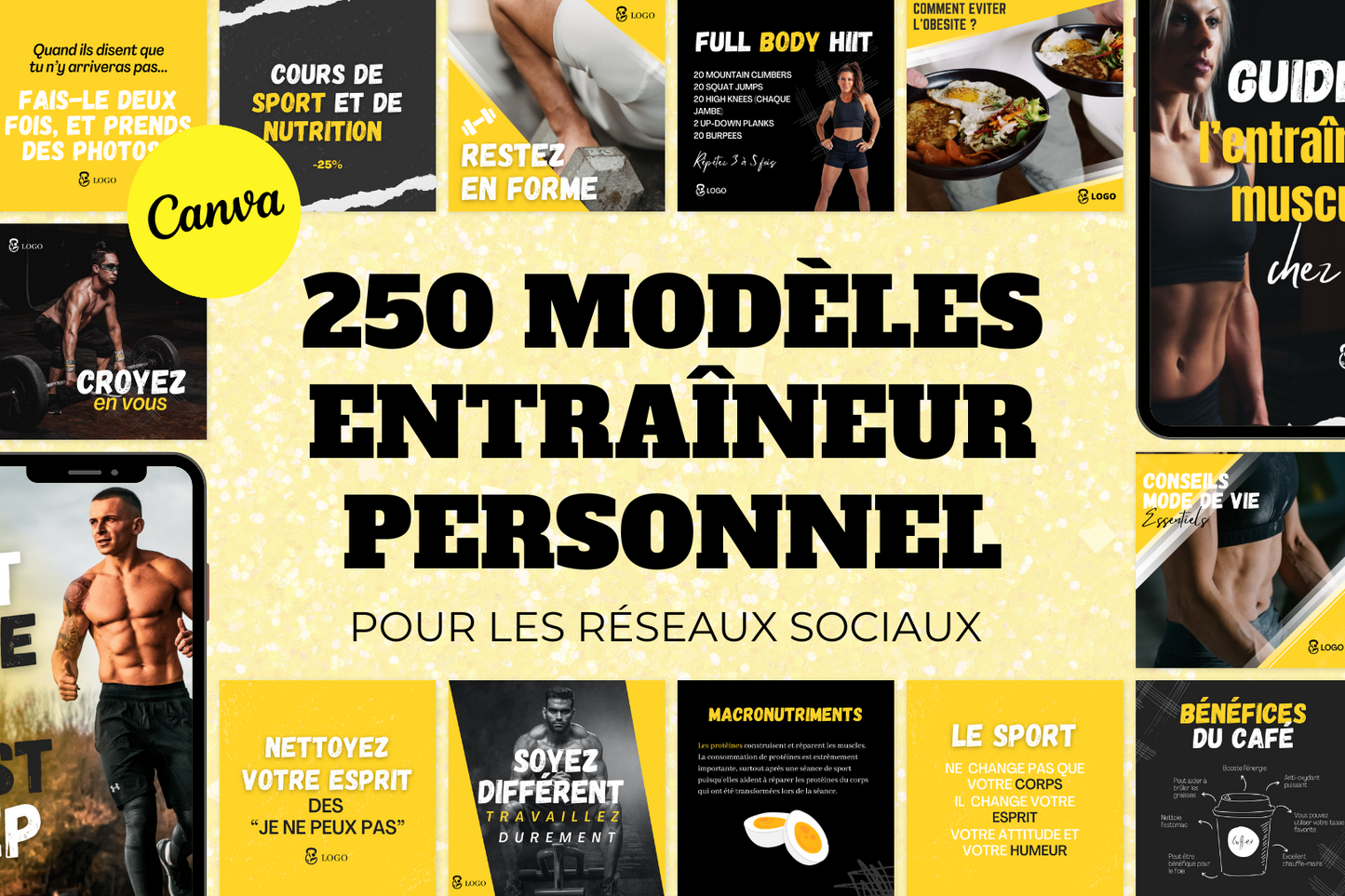 250 modèles entraîneur personnel en français – templates Canva pour réseaux sociaux