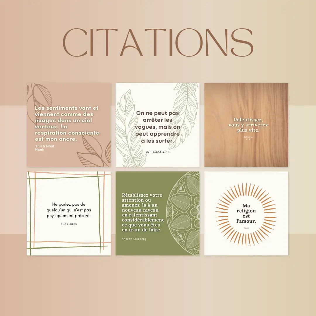 Visuels mindfulness – citations, conseils et exercices modifiables dans Canva