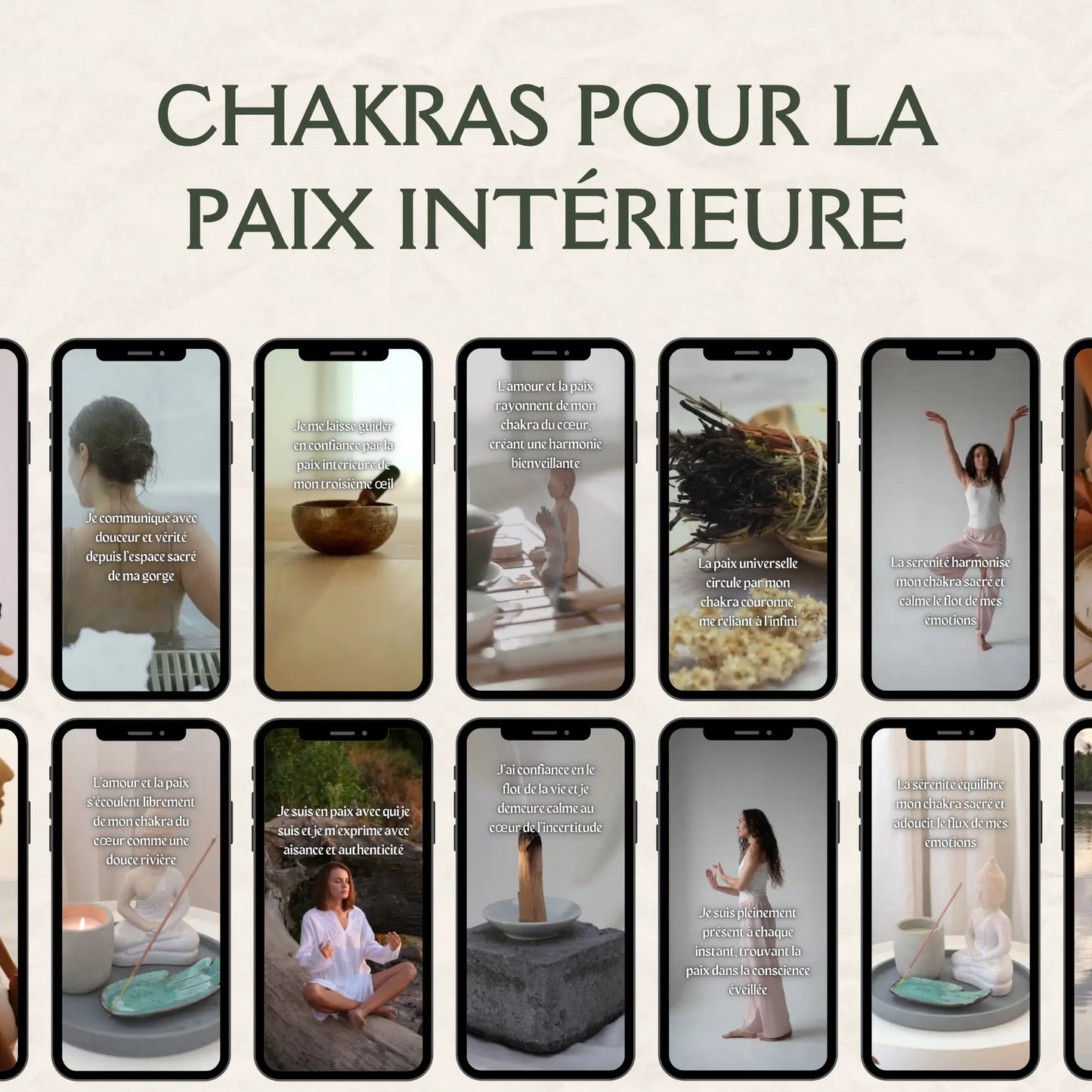 Collection “Chakra & apaisement du stress” avec 120 reels faceless en français. Parfait pour promouvoir la détente, la paix intérieure et la régulation émotionnelle sur Instagram ou TikTok.