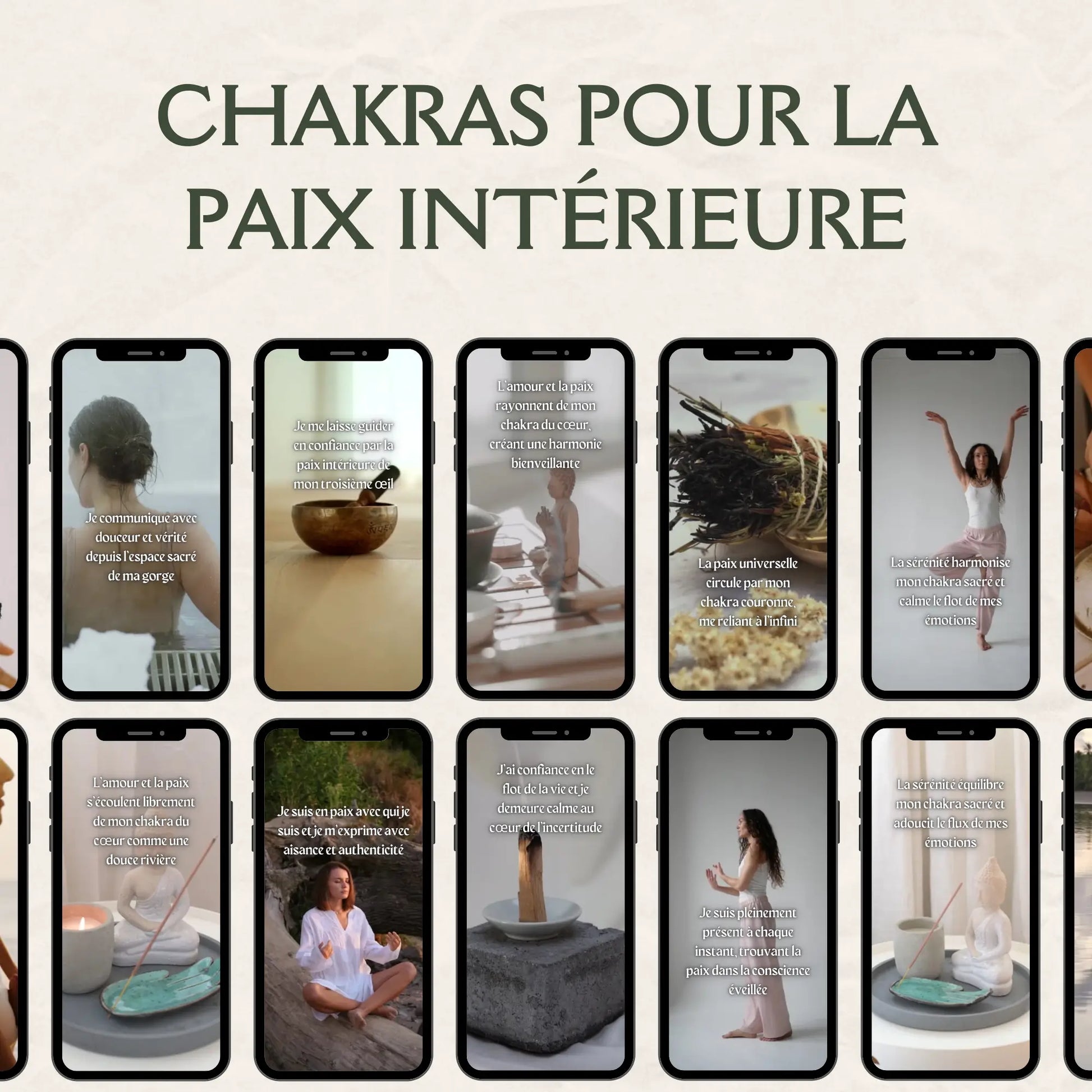 Collection “Chakra & apaisement du stress” avec 120 reels faceless en français. Parfait pour promouvoir la détente, la paix intérieure et la régulation émotionnelle sur Instagram ou TikTok.