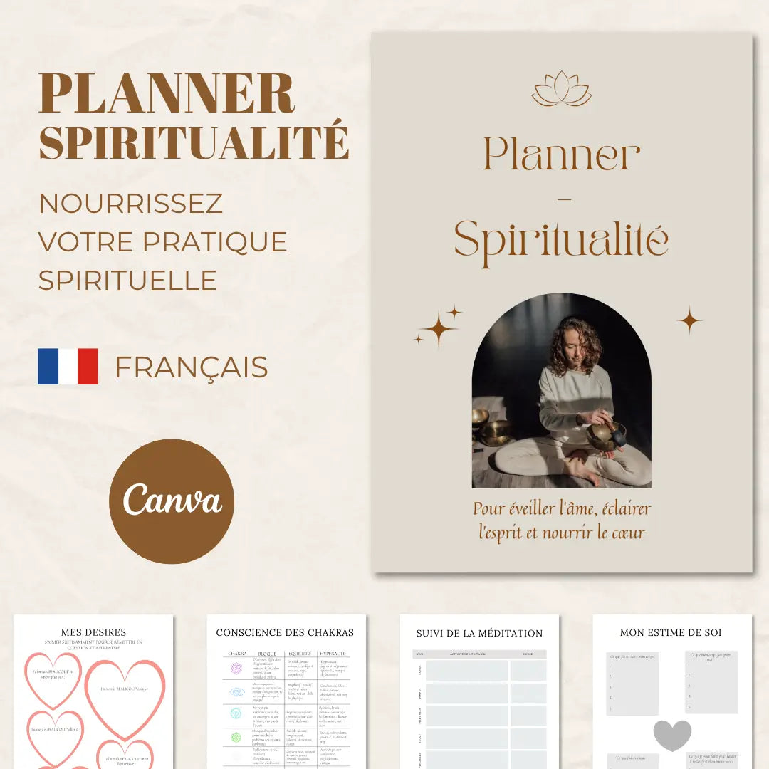 Planner Spiritualité personnalisable dans Canva pour développer une routine spirituelle et pratiquer le journaling au quotidien.