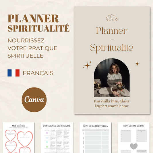 Planner Spiritualité personnalisable dans Canva pour développer une routine spirituelle et pratiquer le journaling au quotidien.