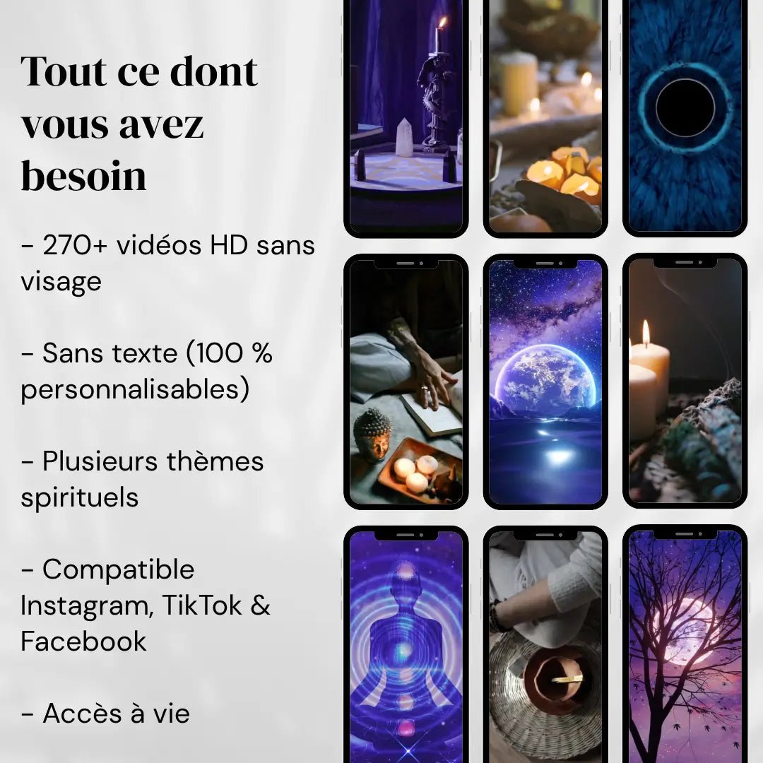 Kit de Reels Instagram pour comptes de spiritualité avec vidéos sans texte prêtes à personnaliser et publier.