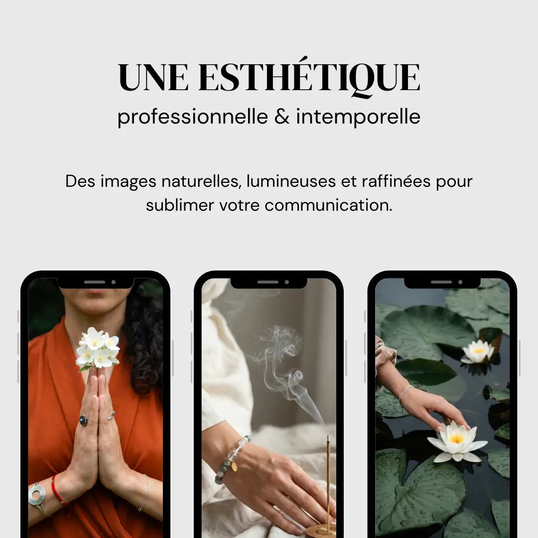 Photos premium pour réseaux sociaux, Canva, sites web et supports marketing dans l'univers du bien-être et de la spiritualité.