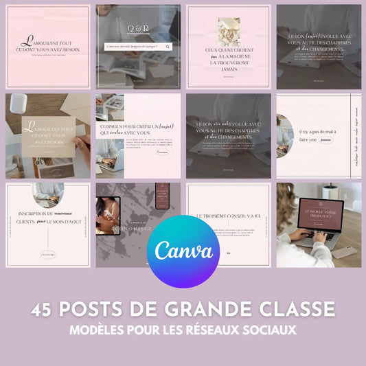 45 posts professionnels en français – templates Canva minimalistes