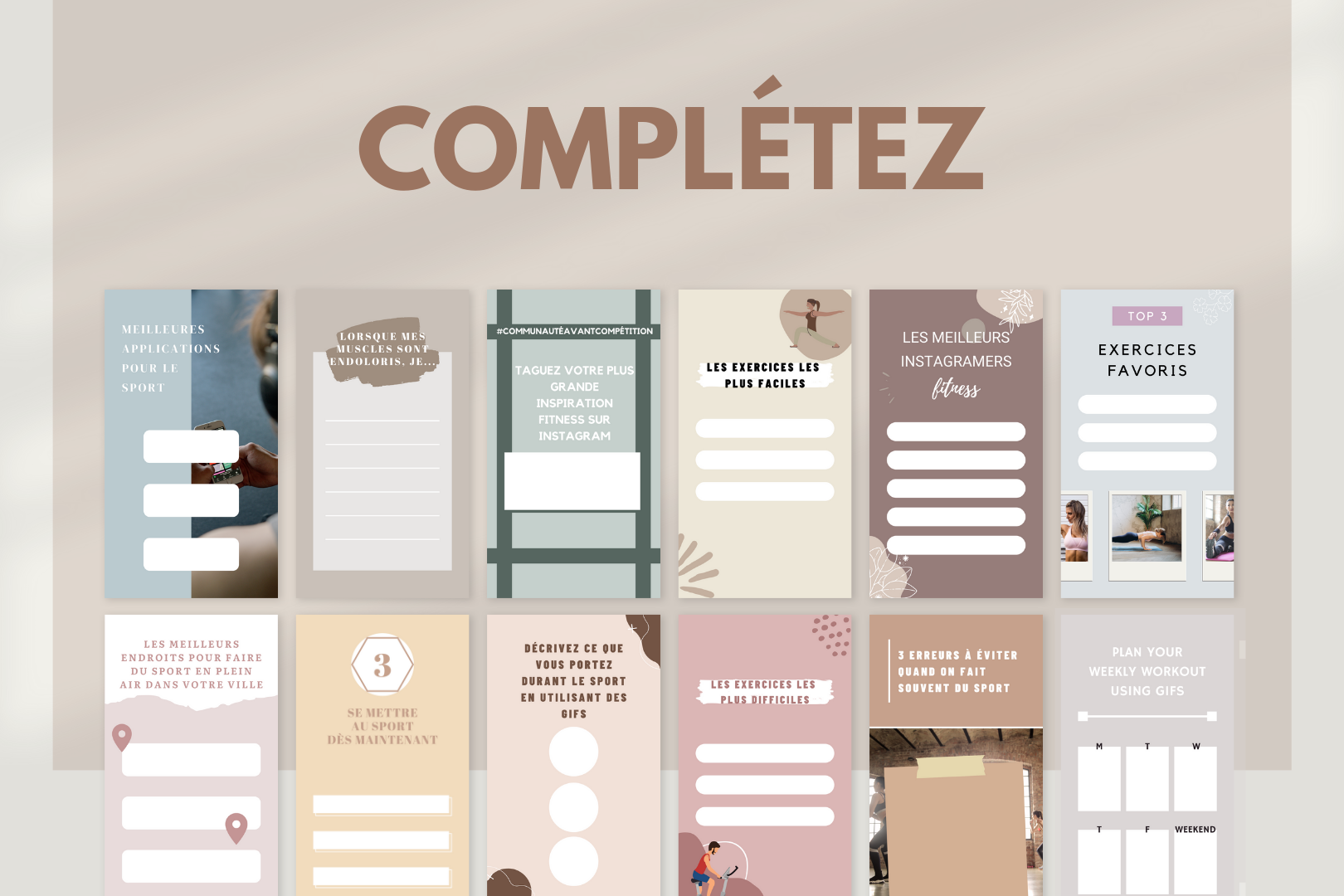 Publication francophone fitness – pack de stories modifiables dans Canva