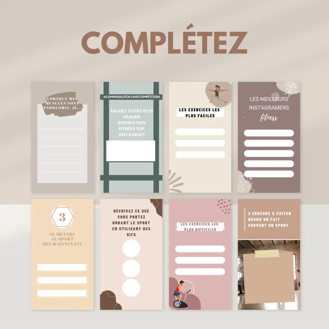 Publication francophone fitness – pack de stories modifiables dans Canva