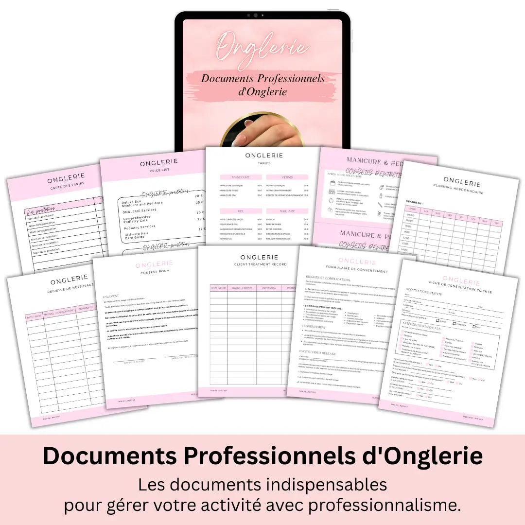 Planning hebdomadaire, registre des prestations et registre de nettoyage pour salon d'onglerie